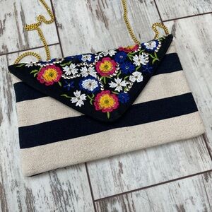 Striped & Embroidered Floral Chain Clutch